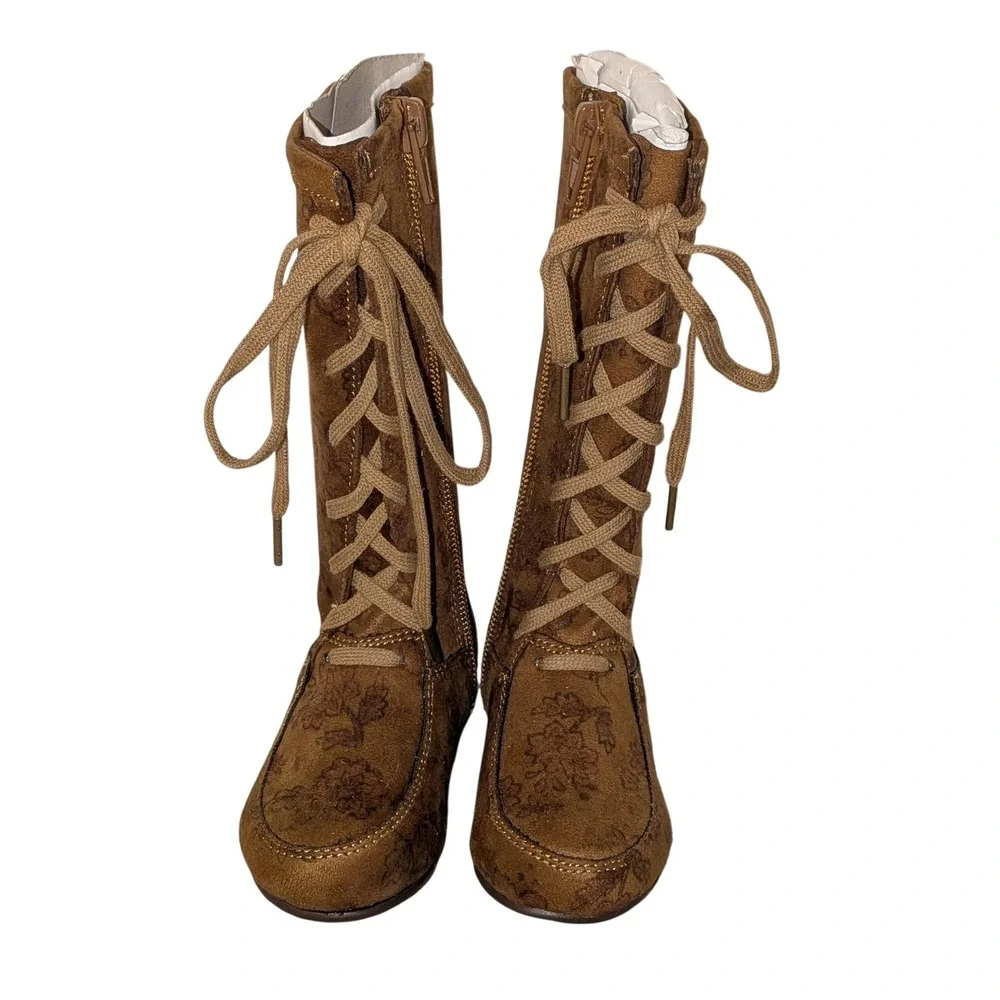joyfolie Girls Brown Floral Print Lace Up Side Zip Tall Boots Size Toddler 5 NEW